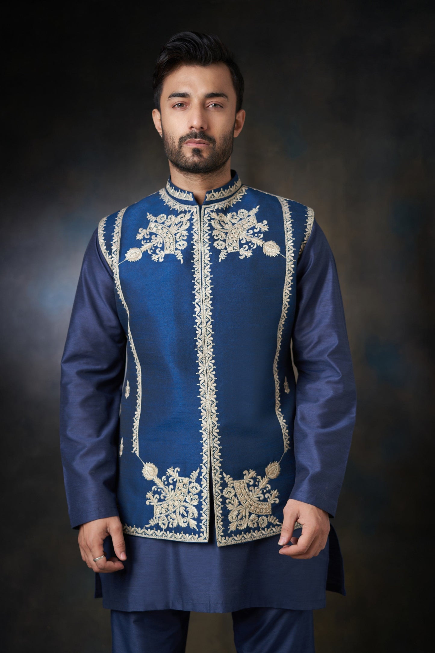 Dark Azure Blue Embroidered Men Waistcoat