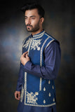 Dark Azure Blue Embroidered Men Waistcoat