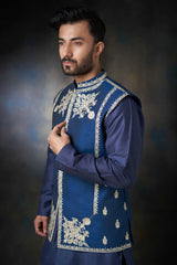 Dark Azure Blue Embroidered Men Waistcoat