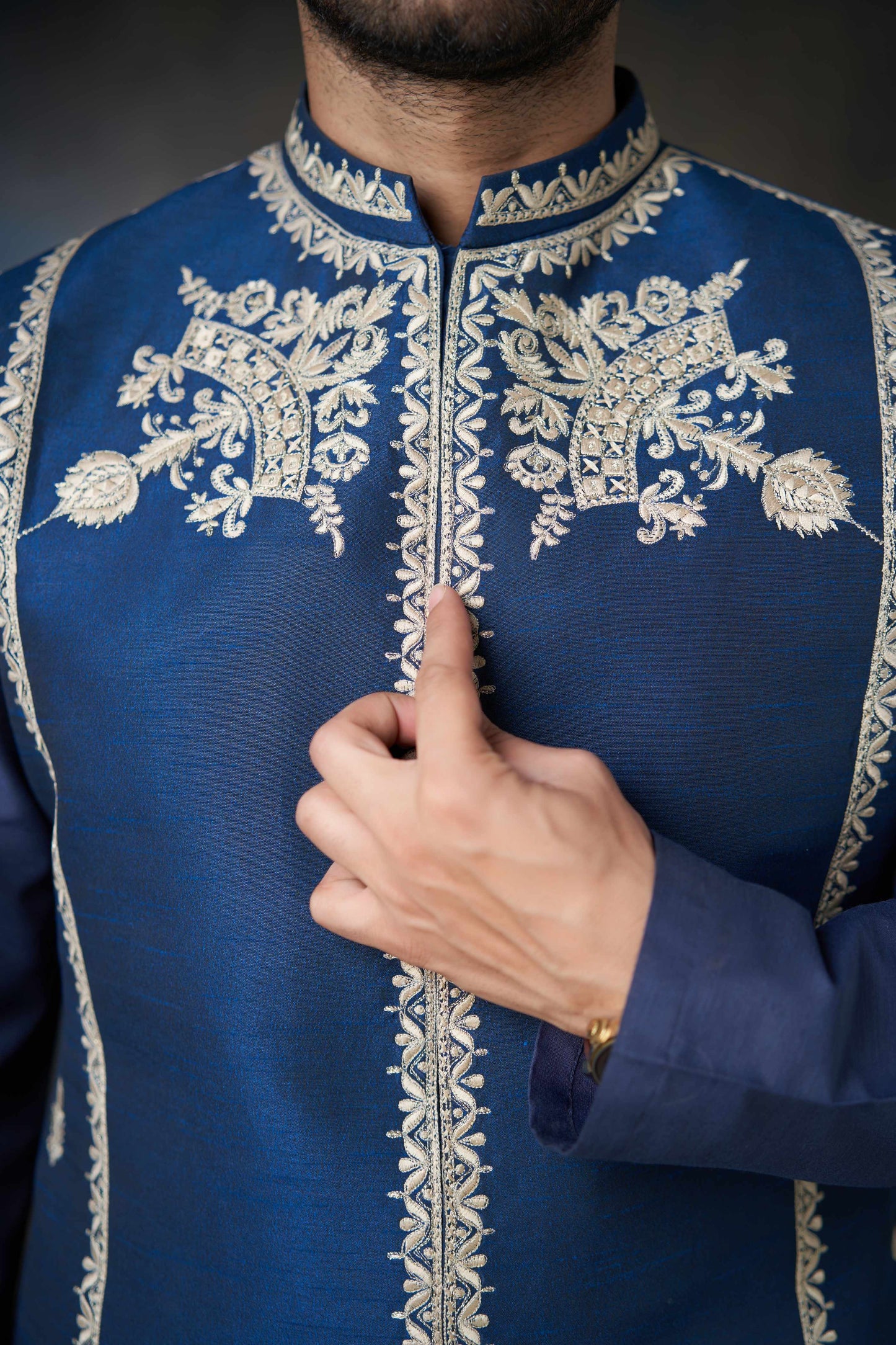 Dark Azure Blue Embroidered Men Waistcoat