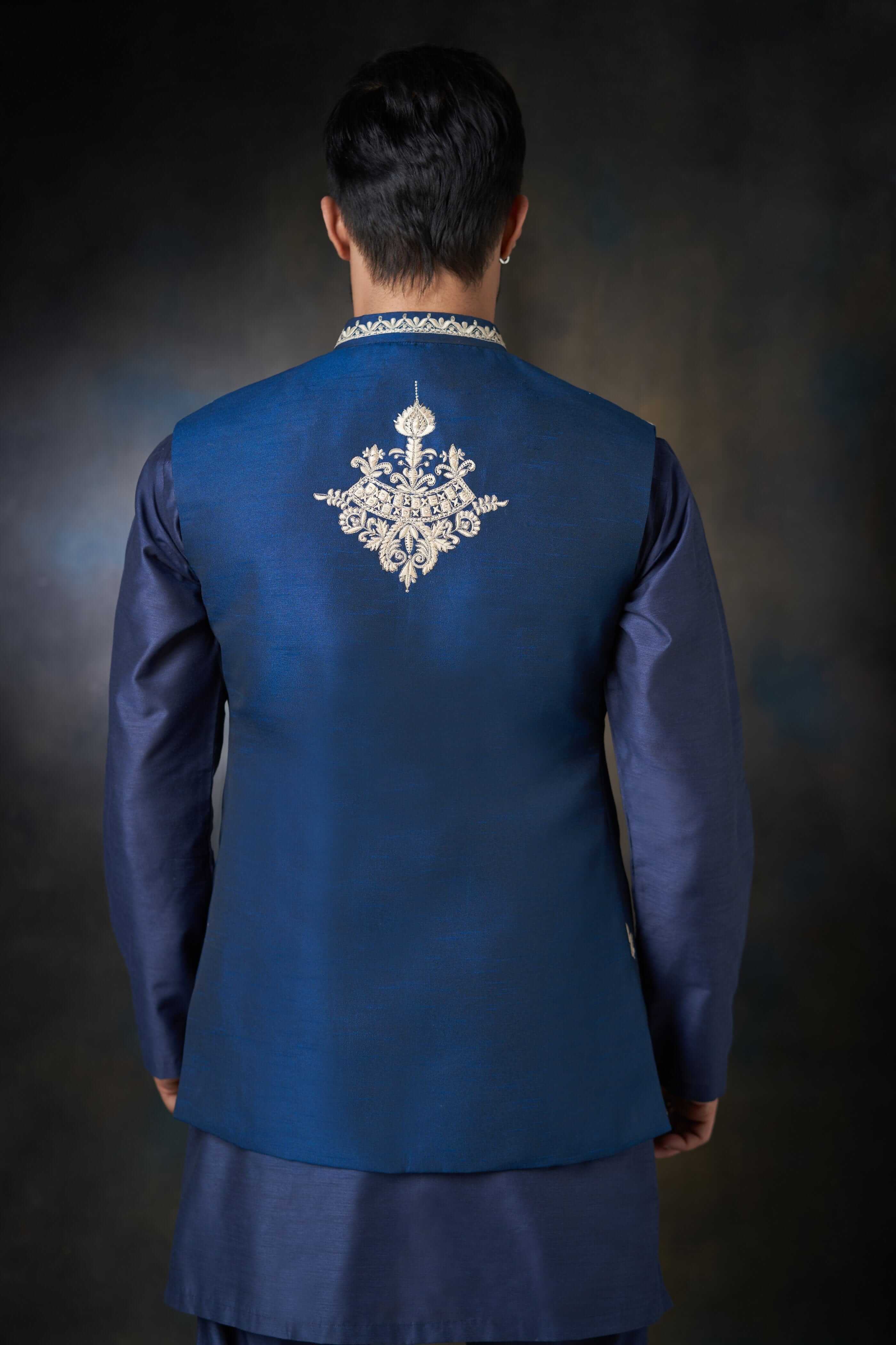 Dark Azure Blue Embroidered Men Waistcoat