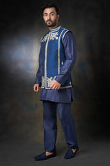 Dark Azure Blue Embroidered Men Waistcoat