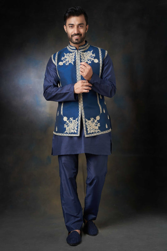 Dark Azure Blue Embroidered Men Waistcoat