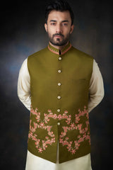 Dark Olive Green Handcrafted Embroidered Men Waistcoat