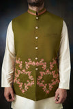 Dark Olive Green Handcrafted Embroidered Men Waistcoat
