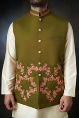 Dark Olive Green Handcrafted Embroidered Men Waistcoat