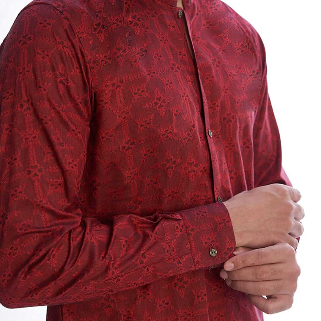 Dark Red Cotton Mens Kurta