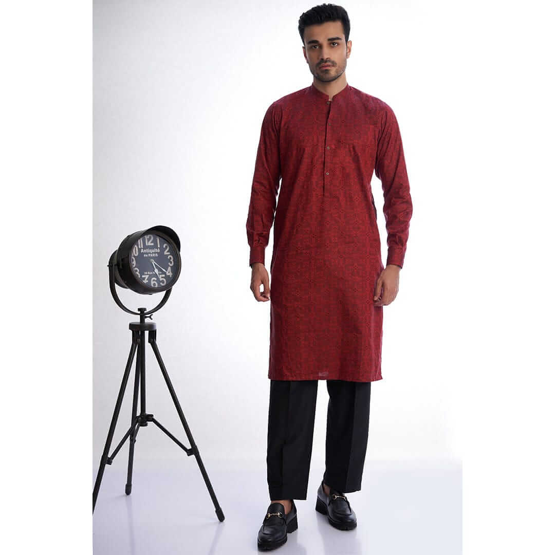 Dark Red Cotton Mens Kurta