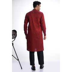 Dark Red Cotton Mens Kurta