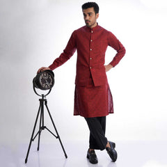 Dark Red Cotton Mens Kurta