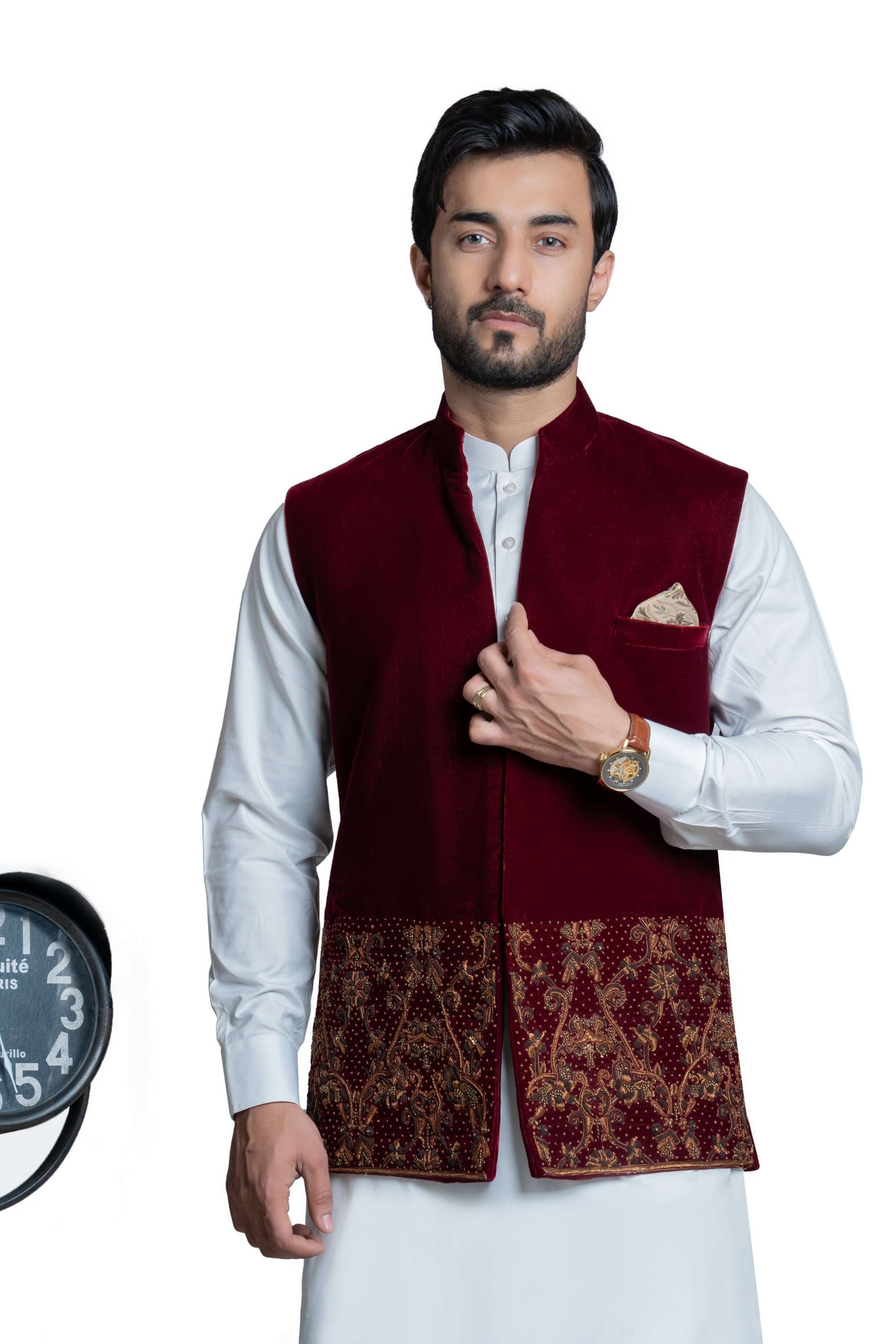 Deep Maroon Velvet Waistcoat with Gold Zardozi Embroidery