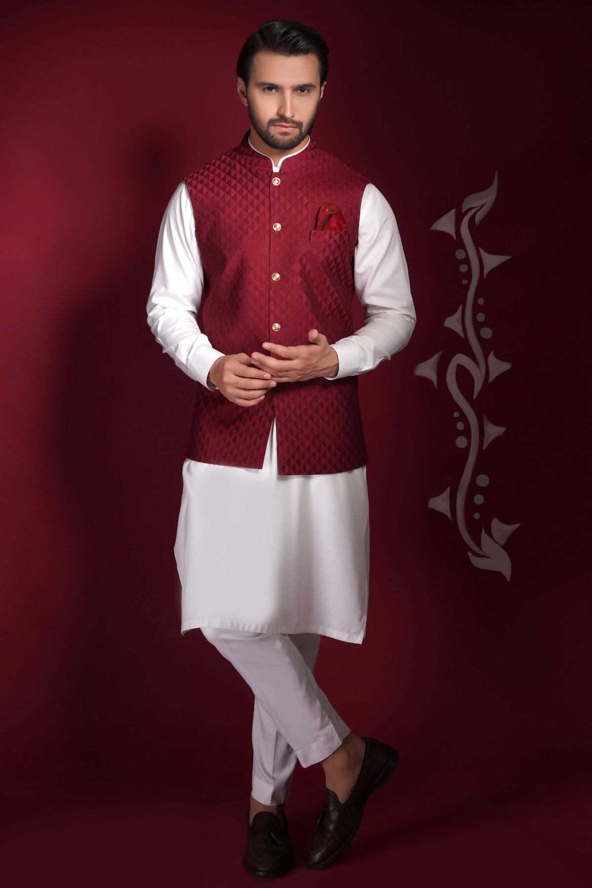 Deep Maroon Embroidered Textured Waistcoat Kurta Arsalan Iqbal