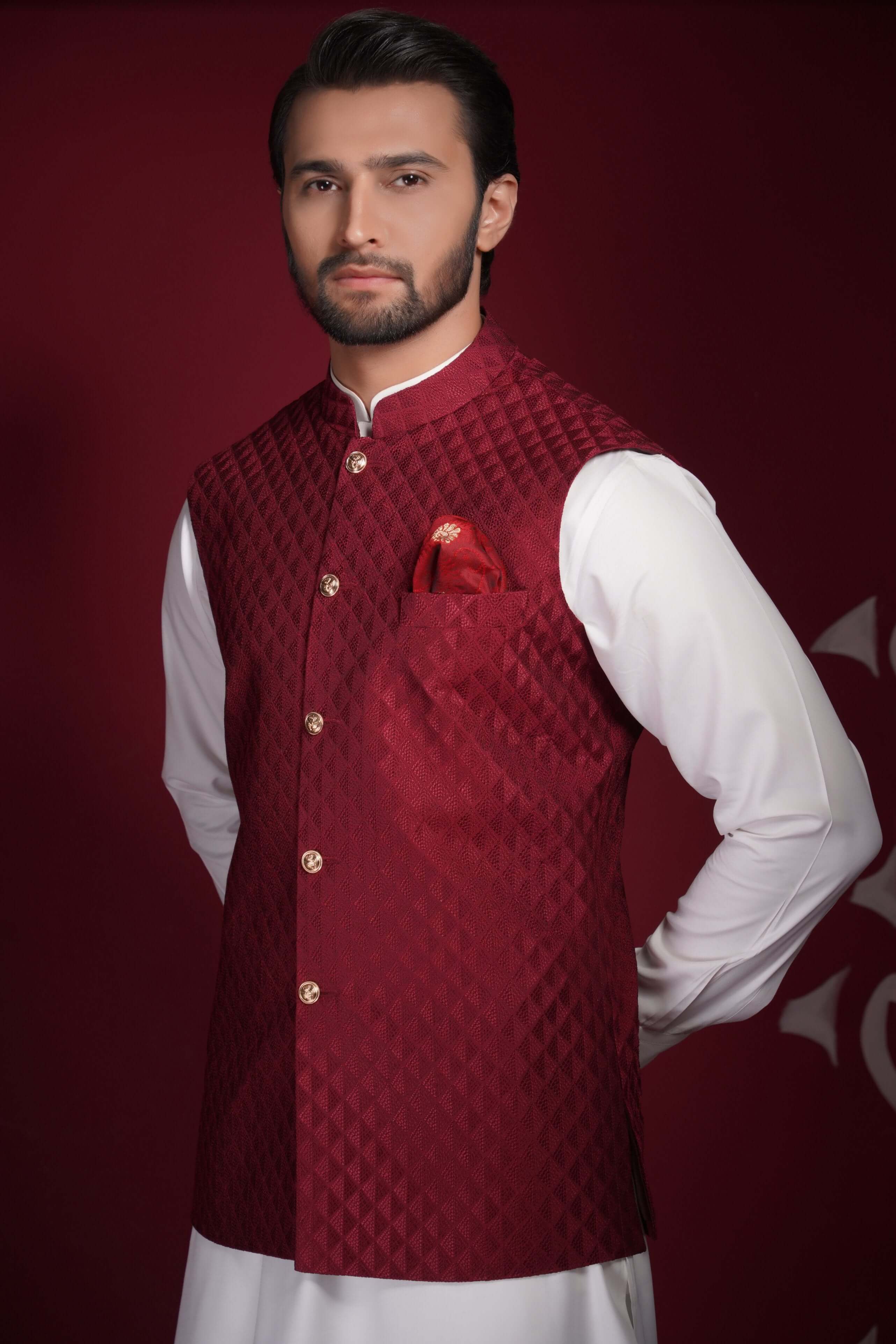 Deep Maroon Waistcoat Kurta Set for Men