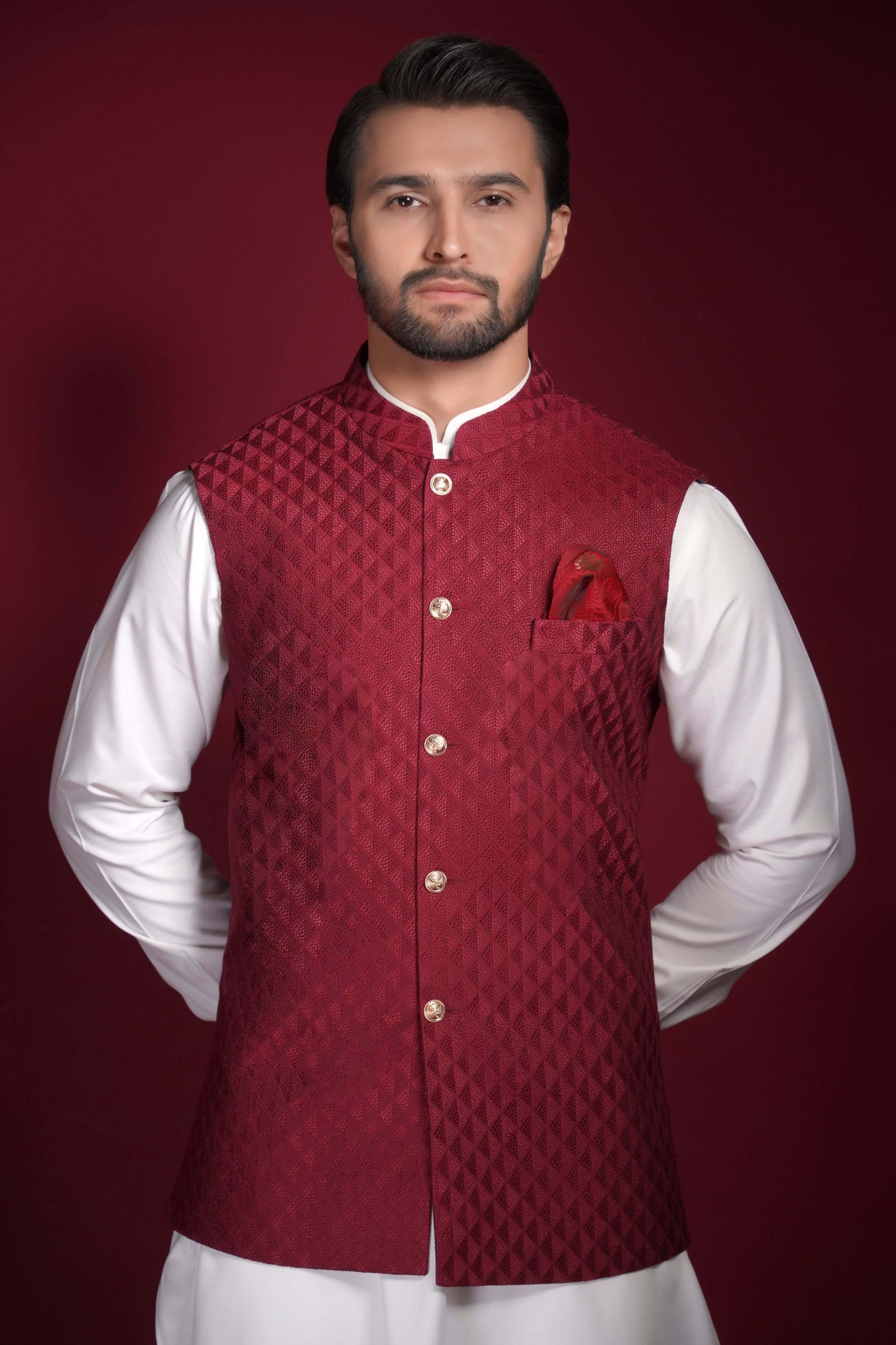 Deep Maroon Embroidered Textured Waistcoat Kurta