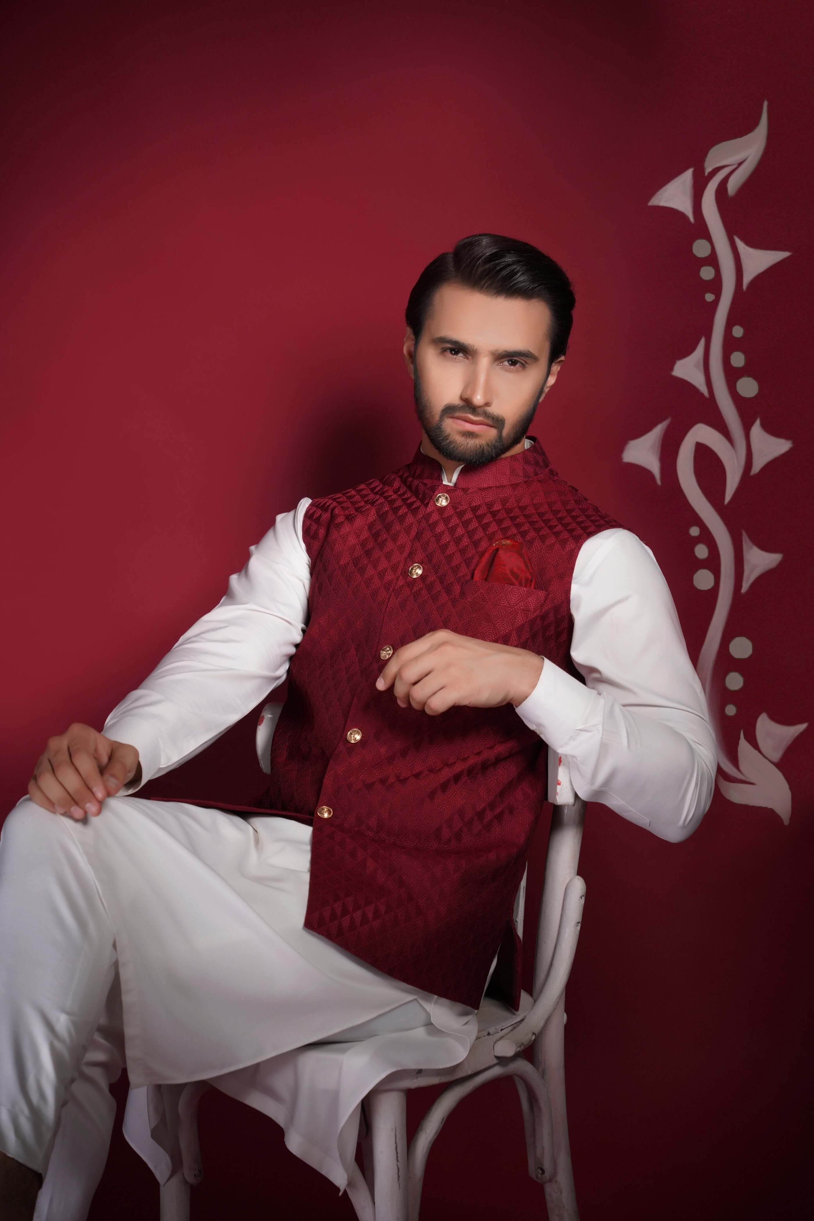 Maroon Waistcoat White Kurta Pajama With Maroon Jacket Deep Maroon