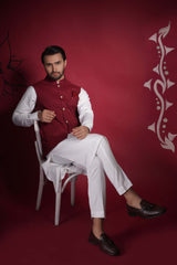 Deep Maroon Waistcoat Kurta Set for Men