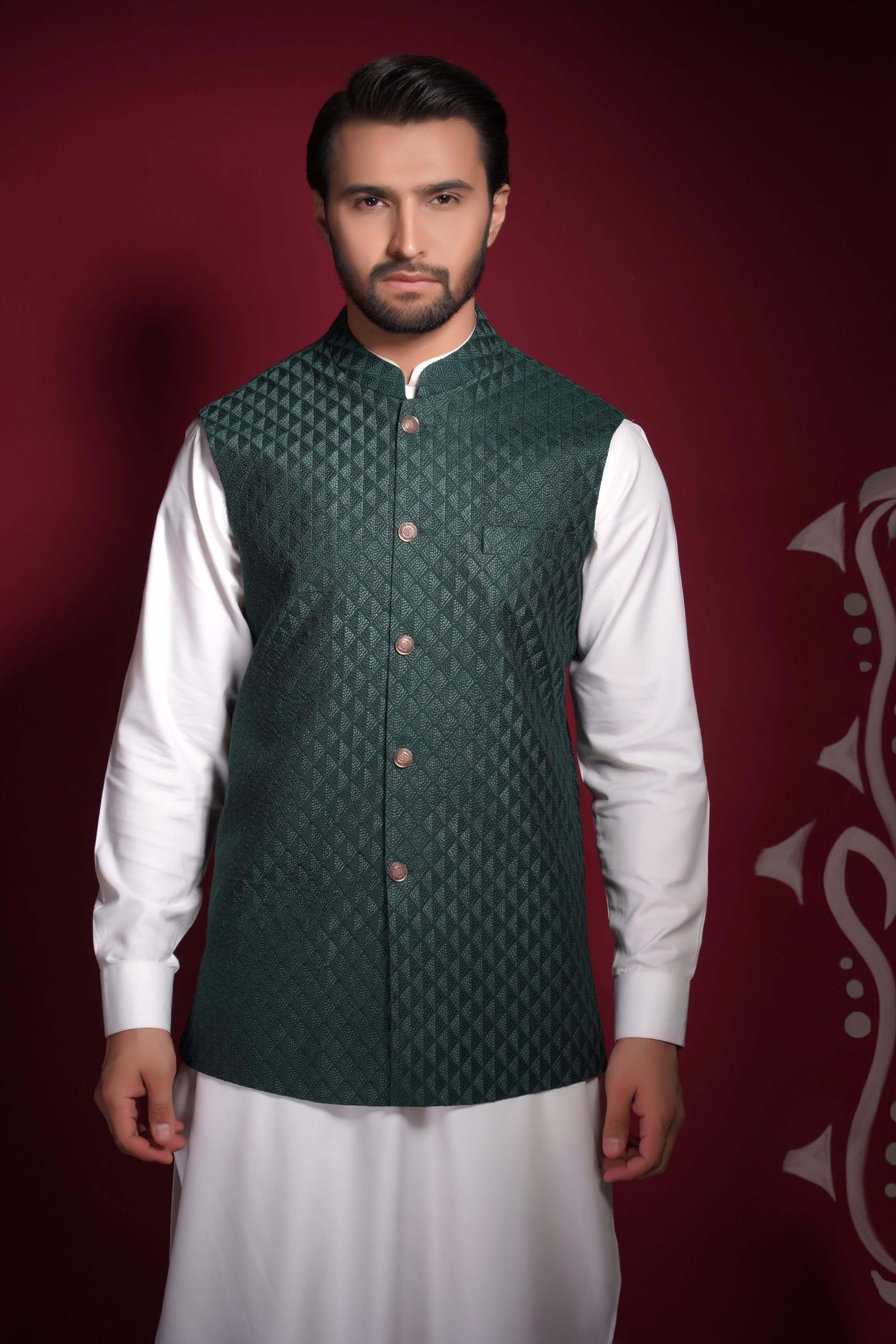 Emerald Green Diamond Texture Waistcoat Kurta
