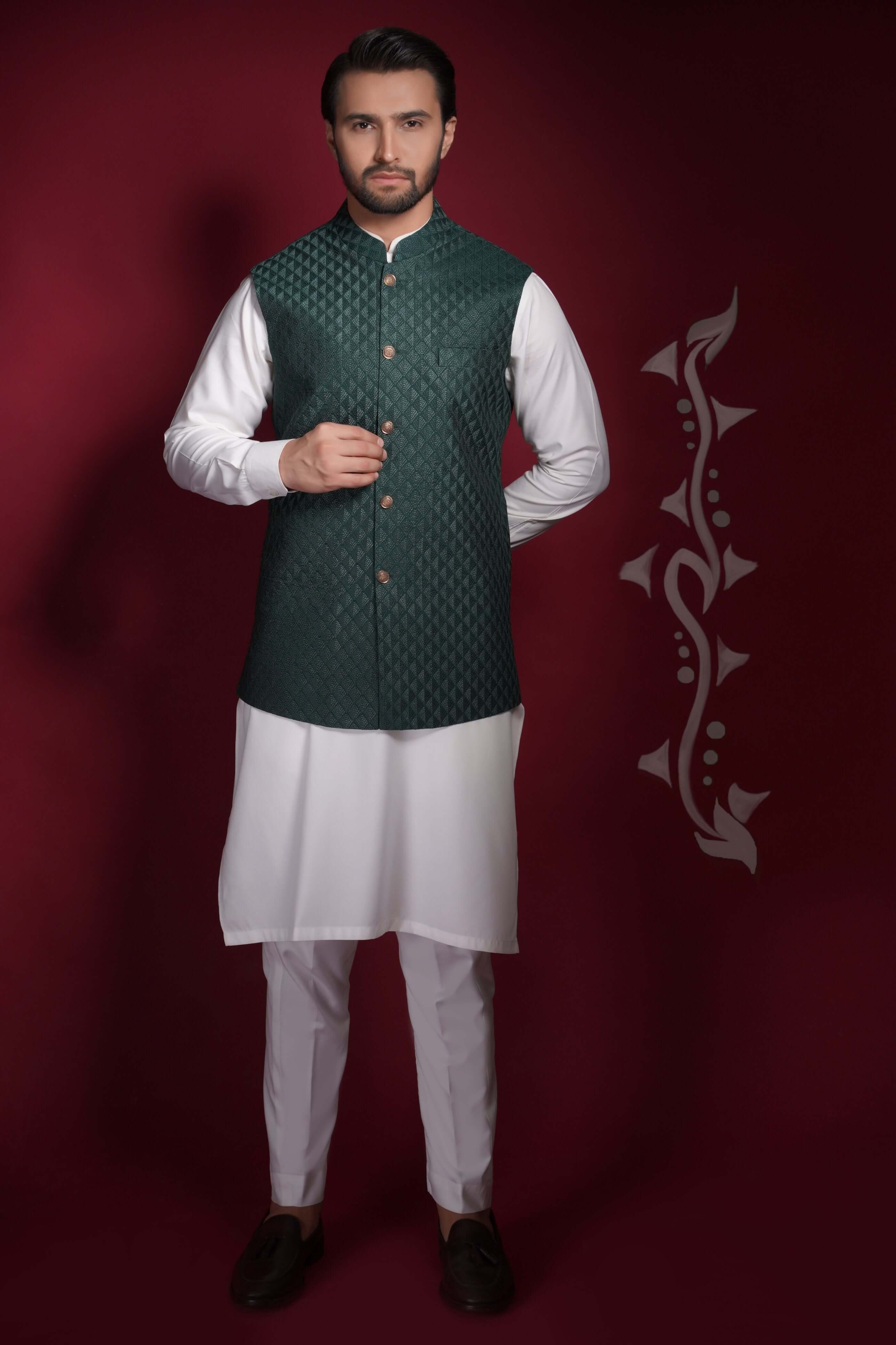 Emerald Green Diamond  Waistcoat Kurta Set