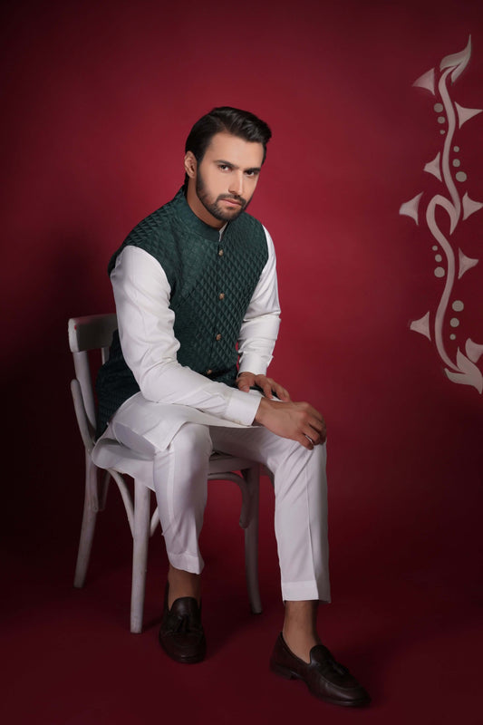 Emerald Green Diamond  Waistcoat Kurta Set