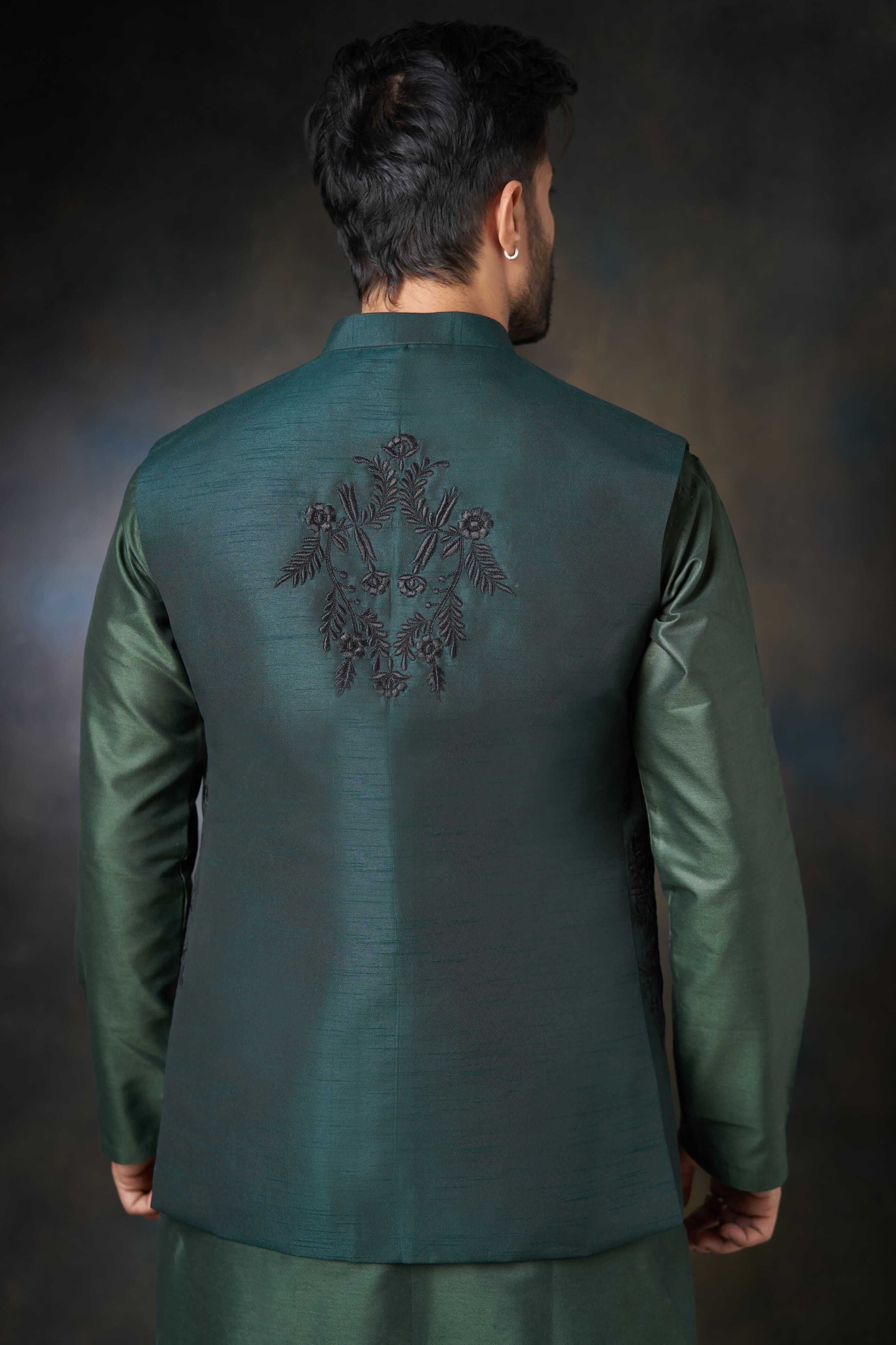 Emerald Green Embroidered Waistcoat for Men