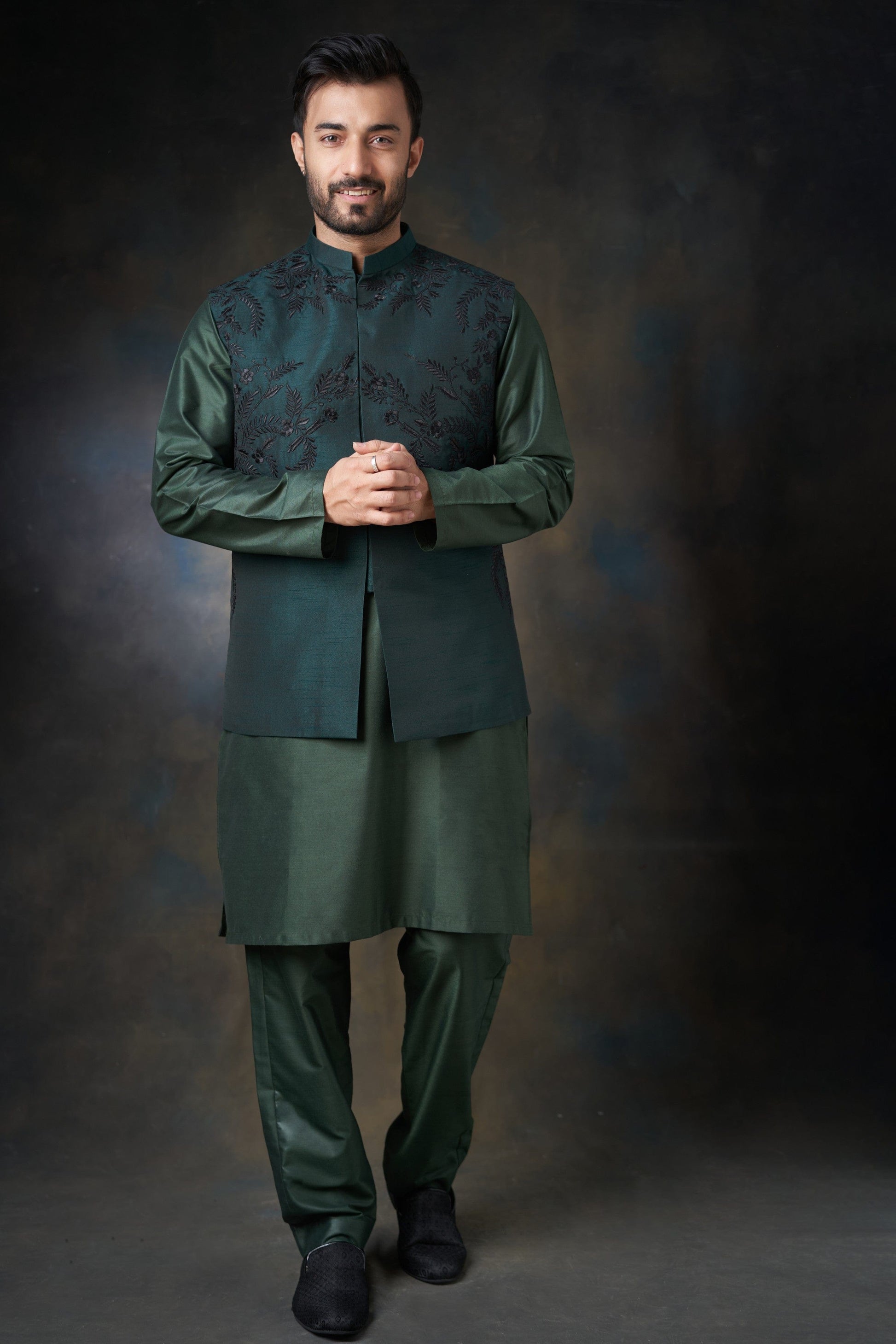 Emerald Green Embroidered Waistcoat for Men