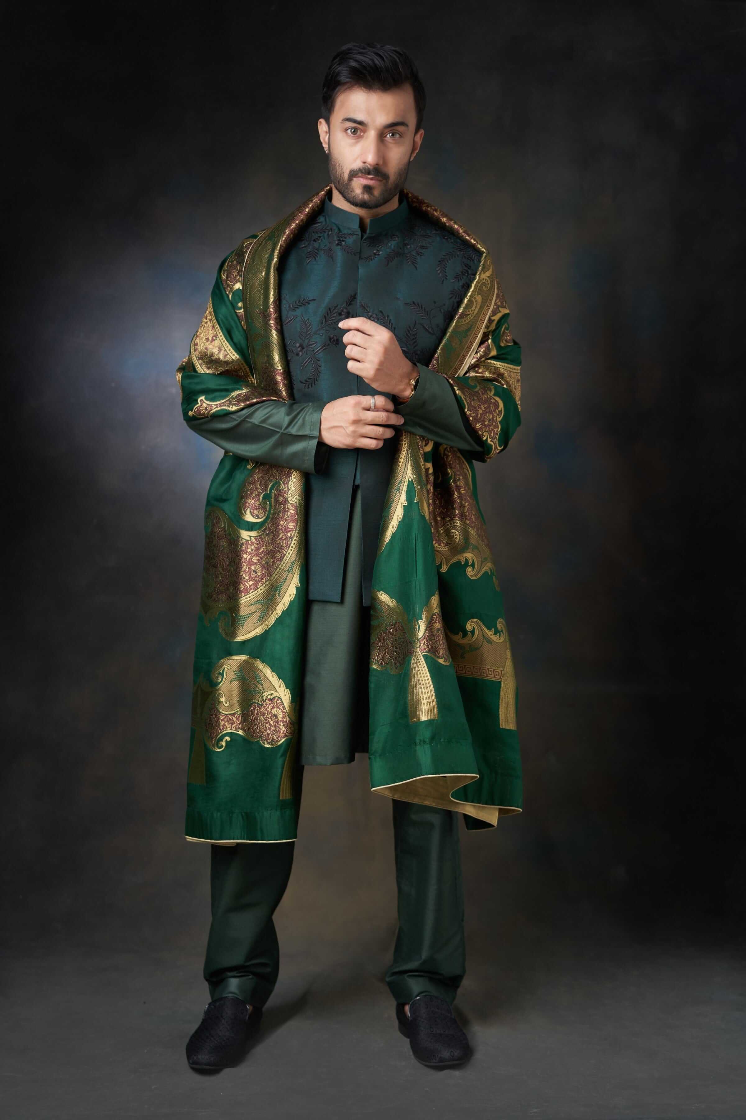 Emerald Green Embroidered Waistcoat for Men