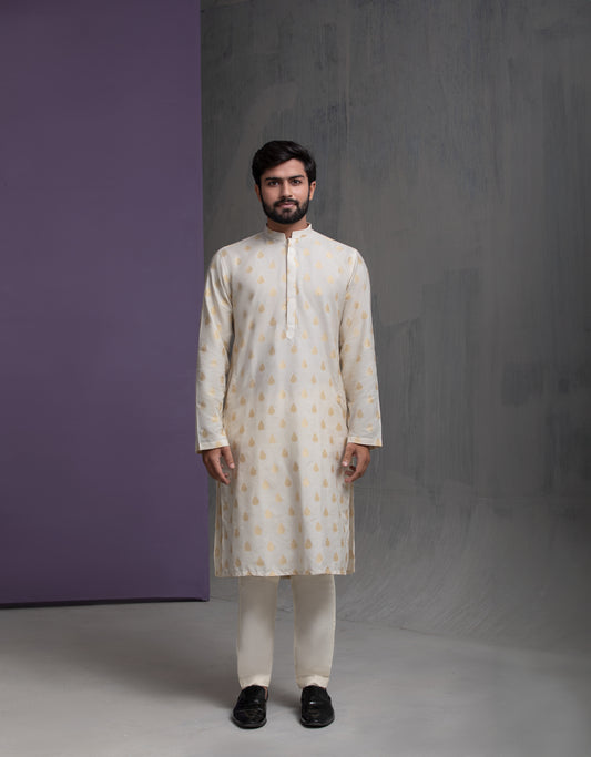 Ivory Cotton Jacquard with Gold motifs Kurta Pyjama