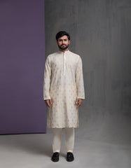 Ivory Cotton Jacquard with Gold motifs Kurta Pyjama