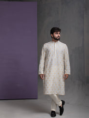 Ivory Cotton Jacquard with Gold motifs Kurta Pyjama