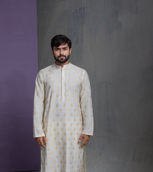 Ivory Cotton Jacquard with Gold motifs Kurta Pyjama