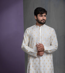 Ivory Cotton Jacquard with Gold motifs Kurta Pyjama