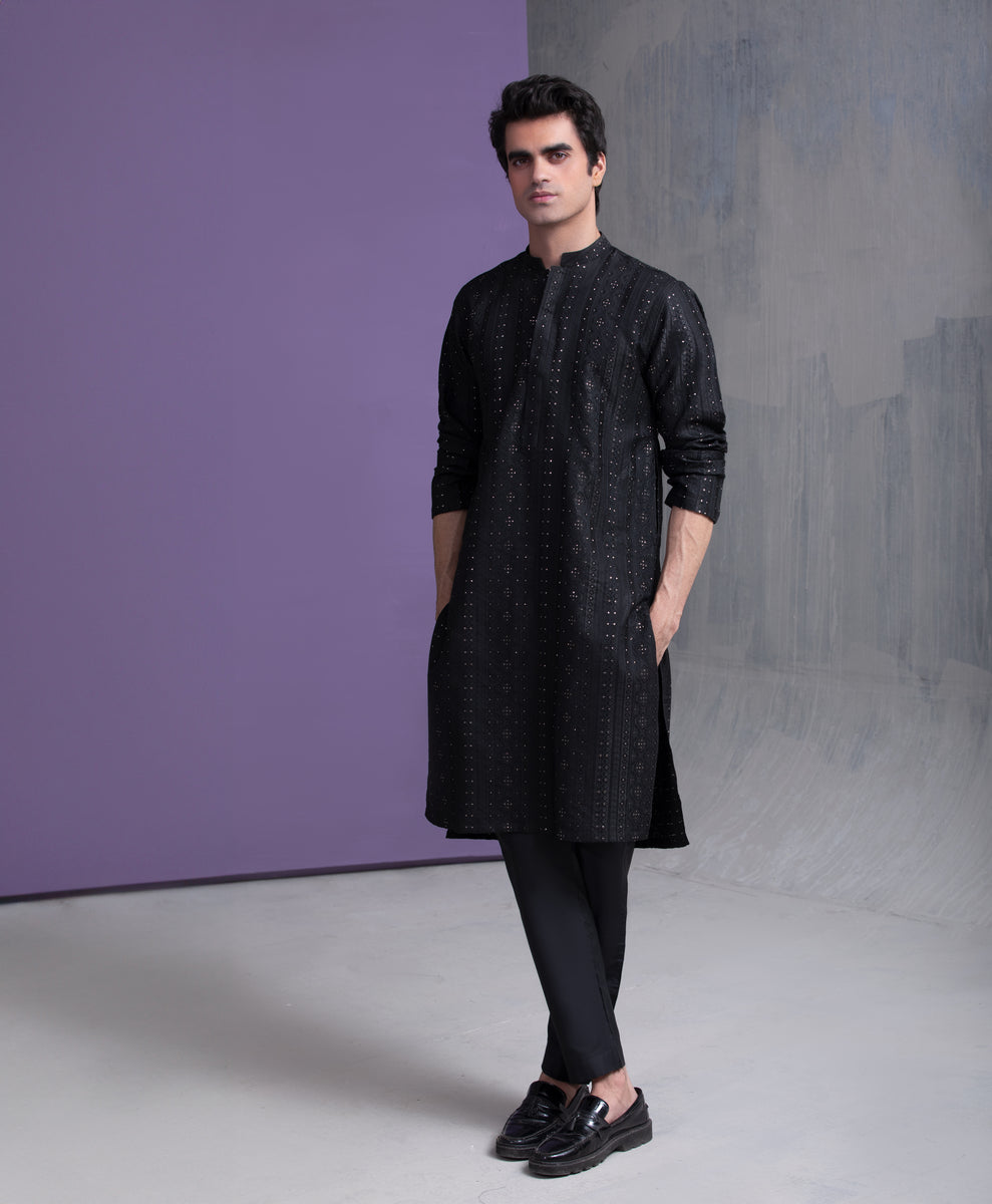 Black & Gold Zari all handwoven jacquard kurta & pyjama set.