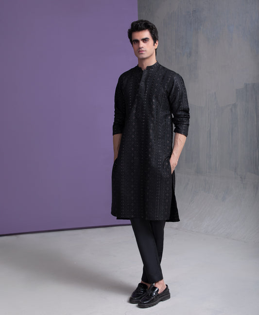 Black & Gold Zari all handwoven jacquard kurta & pyjama set.