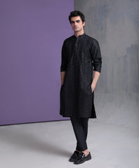 Black & Gold Zari all handwoven jacquard kurta & pyjama set.