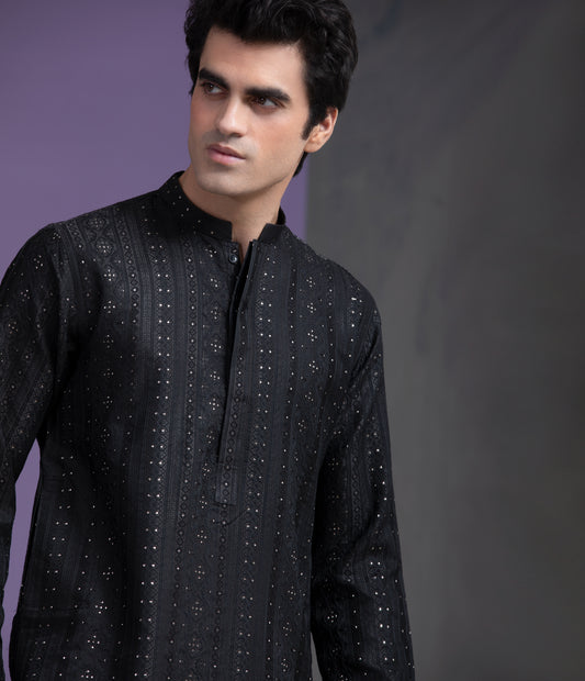 Black & Gold Zari all handwoven jacquard kurta & pyjama set.