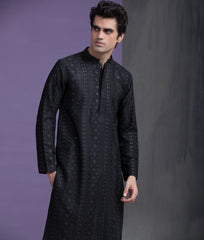 Black & Gold Zari all handwoven jacquard kurta & pyjama set.