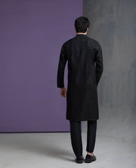 Black & Gold Zari all handwoven jacquard kurta & pyjama set.