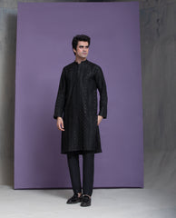 Black & Gold Zari all handwoven jacquard kurta & pyjama set.