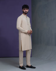 Beige IronEZ Kurta pyjama set with thread details