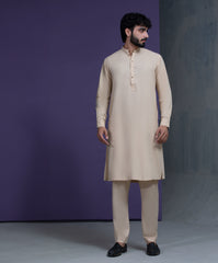 Beige IronEZ Kurta pyjama set with thread details
