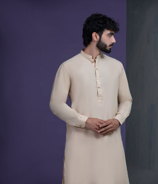 Beige IronEZ Kurta pyjama set with thread details