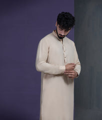 Beige IronEZ Kurta pyjama set with thread details