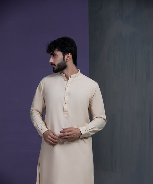 Beige IronEZ Kurta pyjama set with thread details