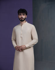 Beige IronEZ Kurta pyjama set with thread details