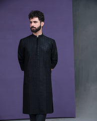 Jet black persian art embroidered kurta pyjama set