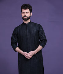 Jet black persian art embroidered kurta pyjama set