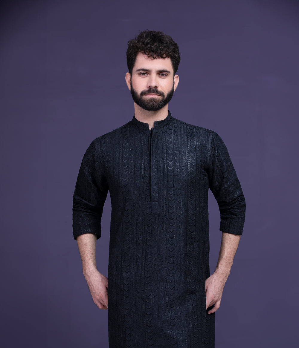 Jet black persian art embroidered kurta pyjama set