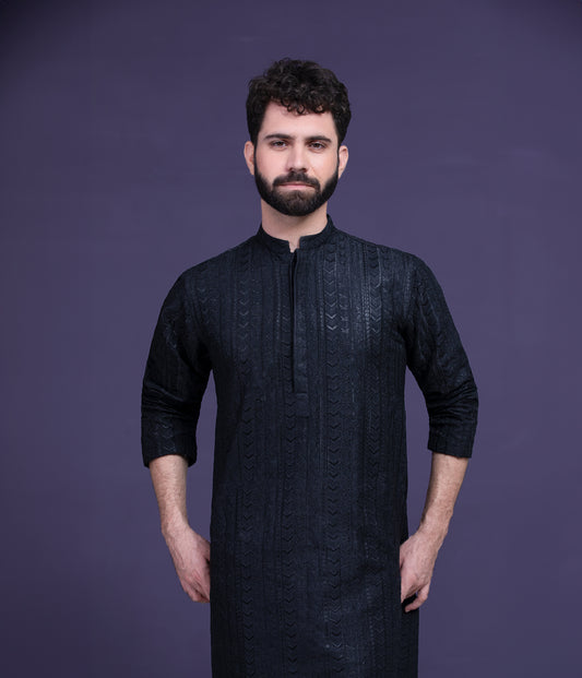 Jet black persian art embroidered kurta pyjama set