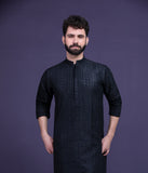 Jet black persian art embroidered kurta pyjama set