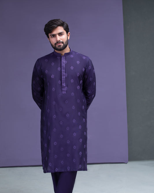 Dark Purple motif spread embroidered Kurta pyjama